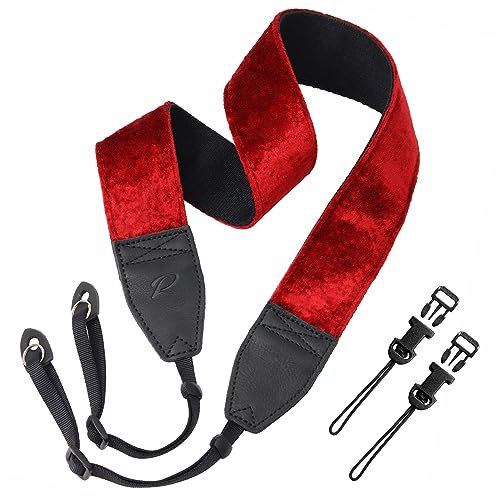 Padwa Lifestyle Ruby Red Velvet Camera Strap - 2 Double Layer Full Grain Cowhide Leather Head Camera Straps for Photographers,Unique Soft Velvet Fabric with Quick Release fits all Cameras
