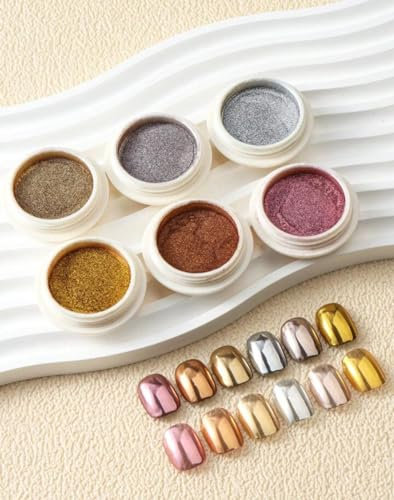 GZMAYUEN Chrome Nail Powder 6 Color, Metallic Mirror Nail Powders, Silver Gold Pink Chrome Powder for Nails