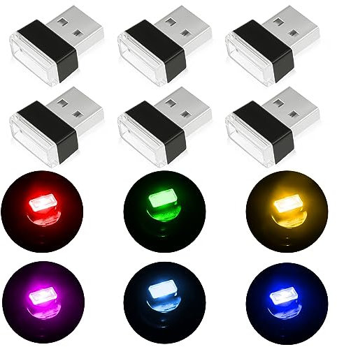 URAQT Lumières Intérieure de Voiture USB, 6pcs Coloré Mini LED USB, 5V Universelle Lumières d'ambiance à LED de Voiture, pour Voitures, Ordinateurs Portables, Puissance Mobile