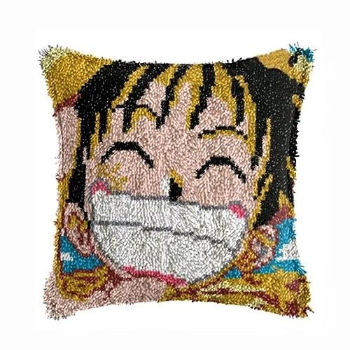 ROCKY&CHAO Knüpfteppich Zum Selber Knüpf-Sets mit Kissen knüpfen-Set 43x43cm Kissenbezug-Set für Erwachsene und Kinder Latch Hook Kit Heimaccessoire（Ruffy）