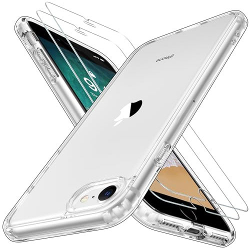 Niphabe per Cover iPhone SE 2022/2020/7/8 4.7 Trasparente con 2 Vetro Temperato, Anti Ingiallimento Hard PC Custodia Anti-Graffio Antiurto Custodia con Bumper TPU Cover iPhone 2020 - Trasparente