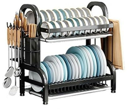 NAIMP 2 Tier Dish Drainer Dish Drying Rack Black, Stainless Steel Dishes Rack with Chopping Board Rack, Utensil Holder, Dish Rack for Kitchen Counter