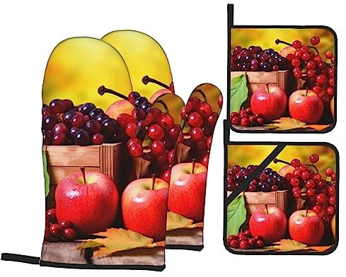 Mitaines de Four Automne Feuilles et Fruits Rouges imprimés Gants de Four et maniques résistants à la Chaleur élevée pour la Cuisine Cuisson Cuisson Barbecue