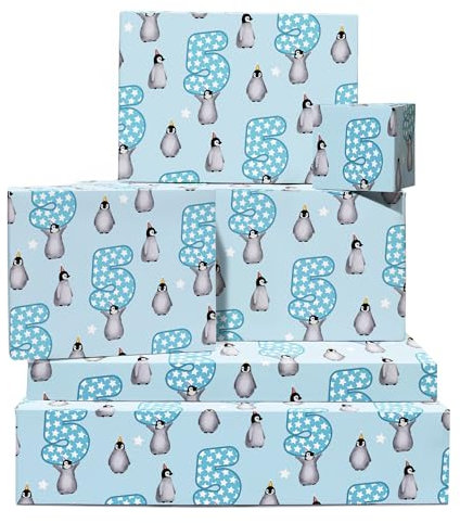 Geschenkpapier für Kinder – Alter 5 – 6 Blatt blaues Geschenkpapier – Geschenkpapier zum 5. Geburtstag – Pinguin – mit Aufklebern – recycelbar – von Central 23