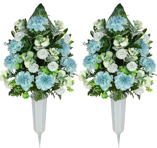 AOFOX Artificial Cemetery Flowers, Bulbous Chrysanthemum Flowers Greenery Bouquet for Grave Decoration, Set of 2 Spring Memorial Flowers with Vase (Blue)