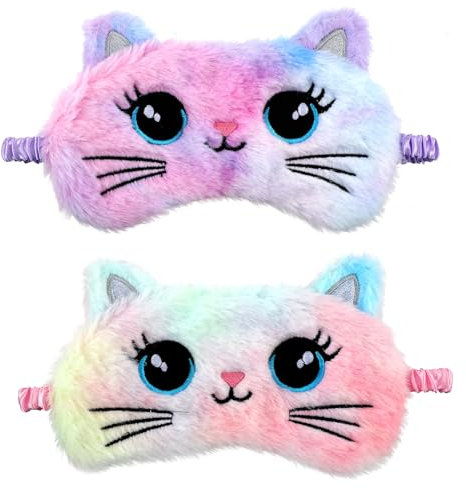Schlafmaske für Kinder 2er Pack Weiche Augenbinde für Plüsch Schlafaugenabdeckung Süßer Tier Schlafaugenschutz für Mädchen Jungen Reisen Nickerchen Partyzubehör (Bunt Katzen Stil)
