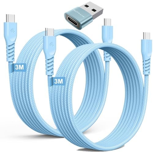 USB C to USB C Long Charger Cable 60W (3M+3M+Adapter) STRONG Braided Type C to C Cable Fast Charging Data Lead Compatible with iPhone 15, iPad Pro 2022, iPad Air 4/5, Samsung S24/S23/A54, Honor,Switch