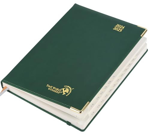 POPRUN Premium Kalender 2025 Wochenplaner (Aug.2024-Dez.2025), ca. A4 (26,5 x 21,5 cm), 17-Monate-Terminplaner, Buchkalender 2025 Hardcover mit Vergoldete Schutzecken, 100 GSM Papier - Waldgrün