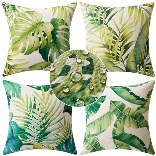 MIULEE Pack of 4er Kissenbezüge Outdoor wasserdichte Leinen Kissen wasserdichte Kissenbezug Gedruckte kissenhülle Für Zelt Park Bett Sofa Stuhl Schlafzimmer Dekorativ Balkon 50x50cm Grün Blätter