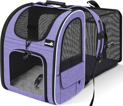 pecute Hunderucksack, Erweiterbar Faltbar, Katzenrucksack Große Katzen mit Anti-offener Reißverschluss, Rucksack Hund mit Netz Fenster Lila, für Hunde Katzen Haustiere (34 * 27 * 44cm)