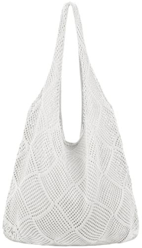 Strandtasche Frauen Mesh Häkeltasche Ästhetische Häkelbeutel Strand hohl Sommerbeutel Strandbeutel Netz Häkelnetz Netto -Tasche für Reisebotten 14,6 x 13 Zoll beige Weiß
