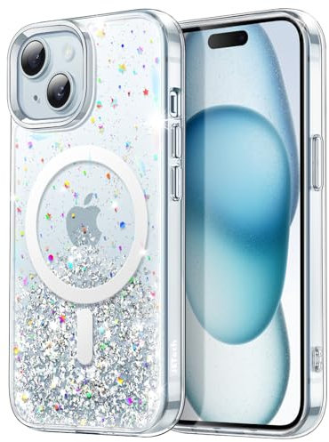 JETech Glitter Case for iPhone 15 6.1-Inch Compatible with MagSafe, Clear Cute Bling Sparkle for Women and Girls, Shiny Shockproof Magnetic Sparkly Phone Cover (Clear)