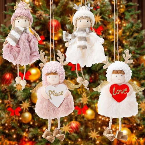 LYtech 4 Stück Weihnachtsbaum Plüsch Hängende Ornamente Weihnachten Engel Anhänger Weihnachten Engel Puppe Anhänger Weihnachtsbaum Hänge Ornament Hängende Verzierung Engel für Urlaub Dekorationen