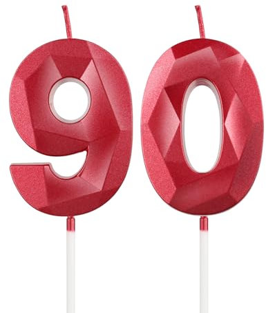Rote Kerzen zum 90th Geburtstag, 3D Rote Zahl 90 Kerze für Kuchen, Frauen Männer 90th Geburtstag Dekorationen, Rote Kuchendekorationen, Rote Kerze Kuchen für Geburtstagsfeier Hochzeitstag