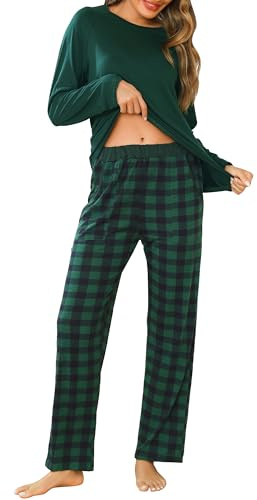 Lovasy Schlafanzug Damen Lang Schlafanzughose Karierte Pyjama Set Langarm Rundhals Winter Schlafanzüge für Damen Zweiteiliger mit Taschen
