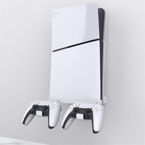scosao Wandhalterung Halterung Wand für PS5 Slim/PS5 Konsole(Disc/Digital Edition), PS5 Wandmontage mit 2 abnehmbarem Controllerhalter & Kopfhörerhalterung, Robuste Stahlwandhalterung