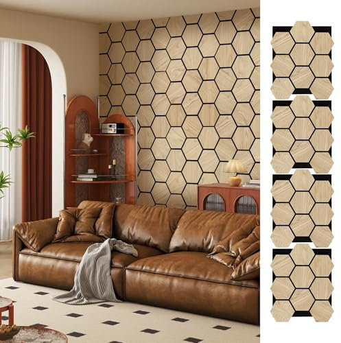 ARMURO Hexagon Wall Panels - 4 PCS Wood Panels for Wall - Natural Oak Wood Veneer Hexagon Sound Panels - Sound Absorbing Panels for Walls and Ceiling (23.8 W x 29 L)