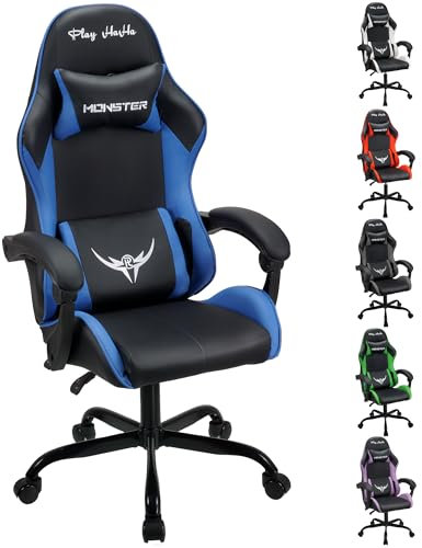 Play Haha Gaming Chair - Office Swivel Computer Work Desk Ergonomic Racing Leather Video Game Chairs (Blue, Lumbar Pad)