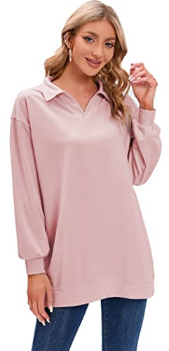 iChunhua Solid Color V Neck Long Sleeve T Shirts for Women Uk Loose Fit Long Tops Lightweight Ladies Sweatshirt Dresses Pink L