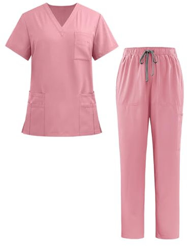 Happy Cherry Completi di Camici Unisex Casacca Medico a Manica Corta con Scollo V + Pantaloni con Coulisse a Vita Elastica Set di 2 Divise Sanitarie Rosa per Donna Uomo, M