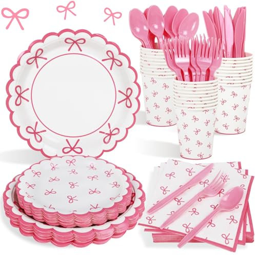 Lopeastar 175pcs Coquette Pink Bow Birthday Decorations Plates Set, Napkins, Cups & Cutlery for 25 Guests