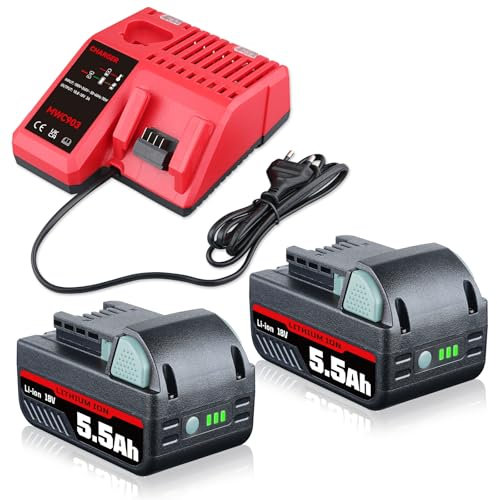 2-Pack 18V 5.5Ah battery and 1 M12-18C (12V-18V) charger combo, compatible with Milwaukee M18 cordless power tools 18V lithium battery 48-11-1820 48-11-1830 48-1840 48-11-1850