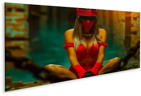 islandburner Bild auf Leinwand Frau in Rot mit verspiegelter Maske und Handschellen für Schlafzimmer Kunstliebhaber Bilder Wandbilder Poster