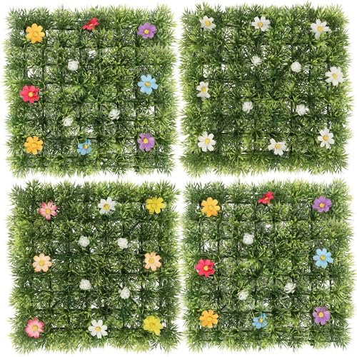 MIJOMA 4er-Set Kunstrasenmatten mit Blüten – Dekorative Grasmatten für Frühling, Ostern, Hochzeit & Geburtstag (25 x 25 cm)
