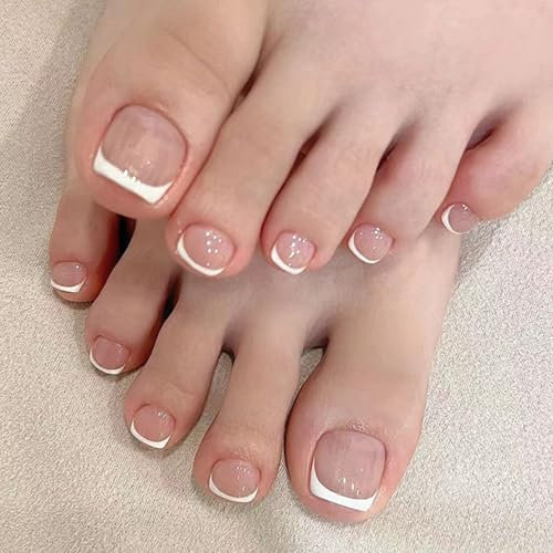 Ceboic 24 Pièces Faux Ongles D'orteil, 12 Tailles Nude Blanc French Faux Ongles Pieds, Carré Court Capsule Ongle Pied Acrylique Couverture Complète Glossy Toe Nails Tips pour Femmes et Filles