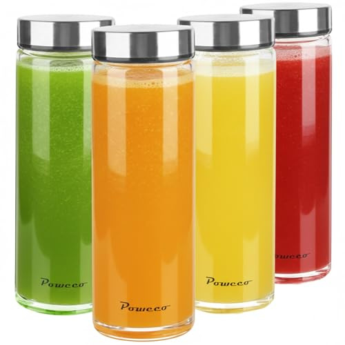 20oz Glass Juice & Water Bottles 4-Pack with Lids- Wide Mouth Reusable Borosilicate Glass- for Juicing, Smoothies, Protein Shakes, Blender & Shaker Bottle- Refillable & Dishwasher Safe(20 oz/600ml)