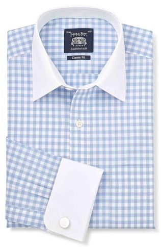 THE SAVILE ROW COMPANY LONDON Men's Classic Fit Cotton Poplin Double Cuff Winchester Formal Shirt - Blue White Gingham Check - 17 Collar