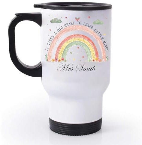 EKAM Personalised Teacher Travel Mug “It Takes a Big Heart to Shape Little Minds” End of School Year Teacher Gift Customise with Teacher’s Name - 14oz Stainless Steel Travel Mug Gift for Teachers