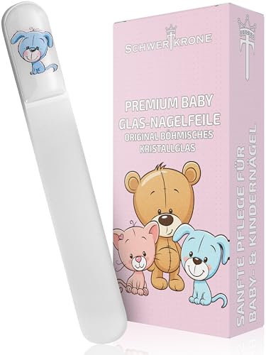 SCHWERTKRONE® Lime à ongles pour bébé en cristal de Bohême - Lime en verre douce pour nouveau-nés et tout-petits - Grain fin des deux côtés - Gel 3D motif chien - Hygiénique - Fabriqué en UE