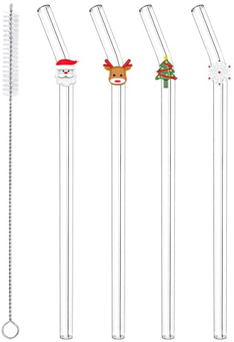 4 Pcs Christmas Cute Glass Straws with Charms, Colorful Clear Christmas Reusable Glass Straws Shatter Resistant with Cleaning Brush, Christmas Party Favors