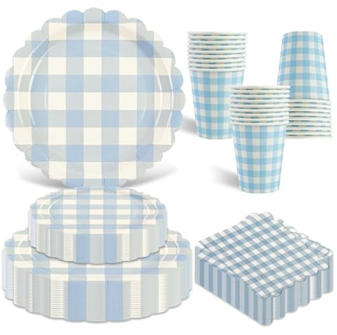 96PCS Light Blue Gingham Party Supplies, Scalloped Disposable Tableware Set Includes Paper Plates Napkins Cups Straws for Baby Shower Birthday Wedding Party Supplies, Serve 24