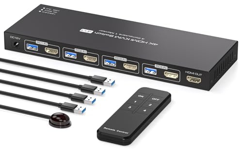 PVBCTCSID HDMI KVM Switch 1 Monitor 4 Computers EDID 4K60Hz 4 port KVM for 4 PC Sharing 1 Monitor and 4 USB3.0 Devices with Remote Control