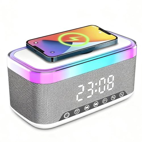 Réveil Bluetooth Digital, Réveil Enceinte Bluetooth avec Chargeur sans Fil 15W, Lumière de Nuit 6 Couleurs, Haut-Parleur Bluetooth, Blanc