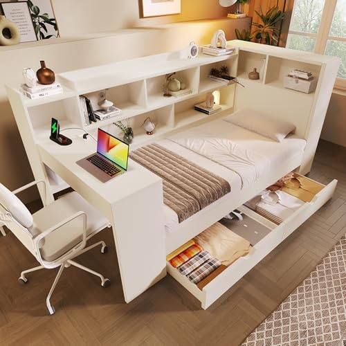 BTM Single Daybed with Bookcase & Desk, 3ft-90x190cm Sofa Bed with Storage, Drawers & USB Type-C Port, Multi-functional Single Bed Frame for Living Room/Bedroom, White (No Mattress)
