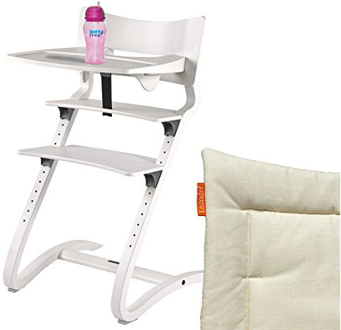 Leander Hochstuhl weiß RAL-9016 Komplettpaket mit Sicherheitsbügel, Tisch, BFree-Trinkbecher und Sitzkissen Cream