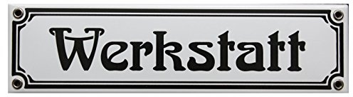 Werkstatt Emaille Schild 8 x 30 cm Jugendstil Emailschild weiß.
