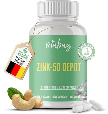 Vitabay Zinco integratore 250 compresse di zinco 50mg - integratore zinco a rilascio prolungato - Assumere mezza compressa di zinc puro con acqua per 25mg giornalieri - zinc