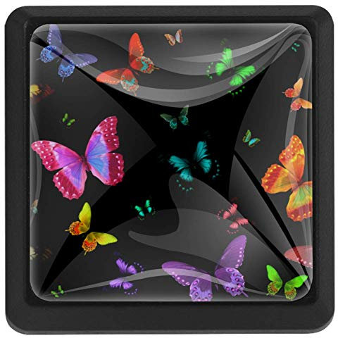 EZIOLY Möbelknöpfe, bunte Schmetterlinge, Schwarz, quadratisch, für Küchenschränke, Schränke, Kommode, Schubladen, Griffe, Hardware, 3 Stück