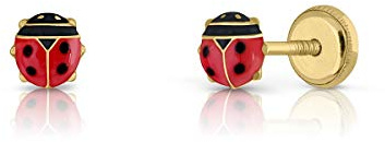 Orecchini in Oro 18 Carati, per Bambina o Donna, Modello Coccinella Colore Rosso e Nero di Qualità, Chiusura di Sicurezza