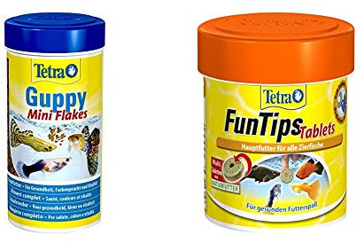 Tetra Guppy Mini Flakes, ausgewogenes, nährstoffreiches Flockenfutter für Guppies, Verschiedene Sorten & FunTips Tablets, Haft Futtertabletten als Hauptfutter für alle Zierfische, Verschiedene Größen