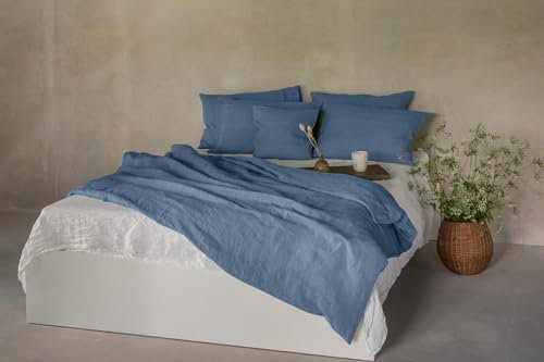 Ger3as Leinen Bettwäsche Set 100% Natur Leinen Stonewashed, Naturfaser, mit Hotelverschluss (Blau, 155 x 220 cm, 40 x 80 cm)