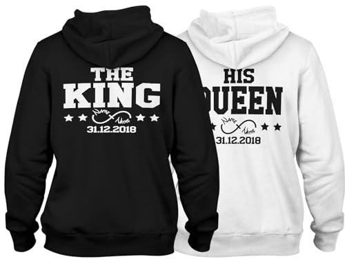 VIVA WERBUNG King Queen Pullover Pärchen Set - 2 Hoodies für Paare mit Wunschnamen & Datum - Couple Idee