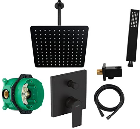 vanvilla Duschsystem mit Unterputz Duscharmatur von Hansgrohe Einhebelmischer und vanvilla Regendusche mit Armatur, Duschkopf eckig, Dusch-SET HGS08 schwarz matt beschichtet