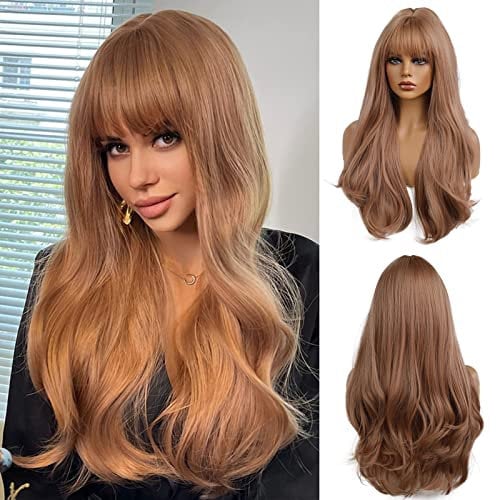 Esmee 24 Zoll Erdbeere Blonde Lange Gewellte Perücke mit Pony für Frauen Natürliche Synthetische Haare Hitzebeständig Perücken für Tägliche Party Cosplay Tragen