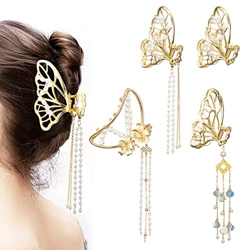 Metall Haarspangen 4er Pack Goldfarbene Schmetterlings Haarspangen Mit Fransen, Zarte Damen Haarspangen Modische Rutschfeste Metall Haarspangen Haarschmuck