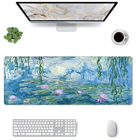 Monet Seerosen Mauspad mit genähtem Rand, Größe XL, 80 x 30,5 cm, Gummiunterseite, rutschfeste Schreibtischunterlage für Laptop, PC, Computer, Gaming